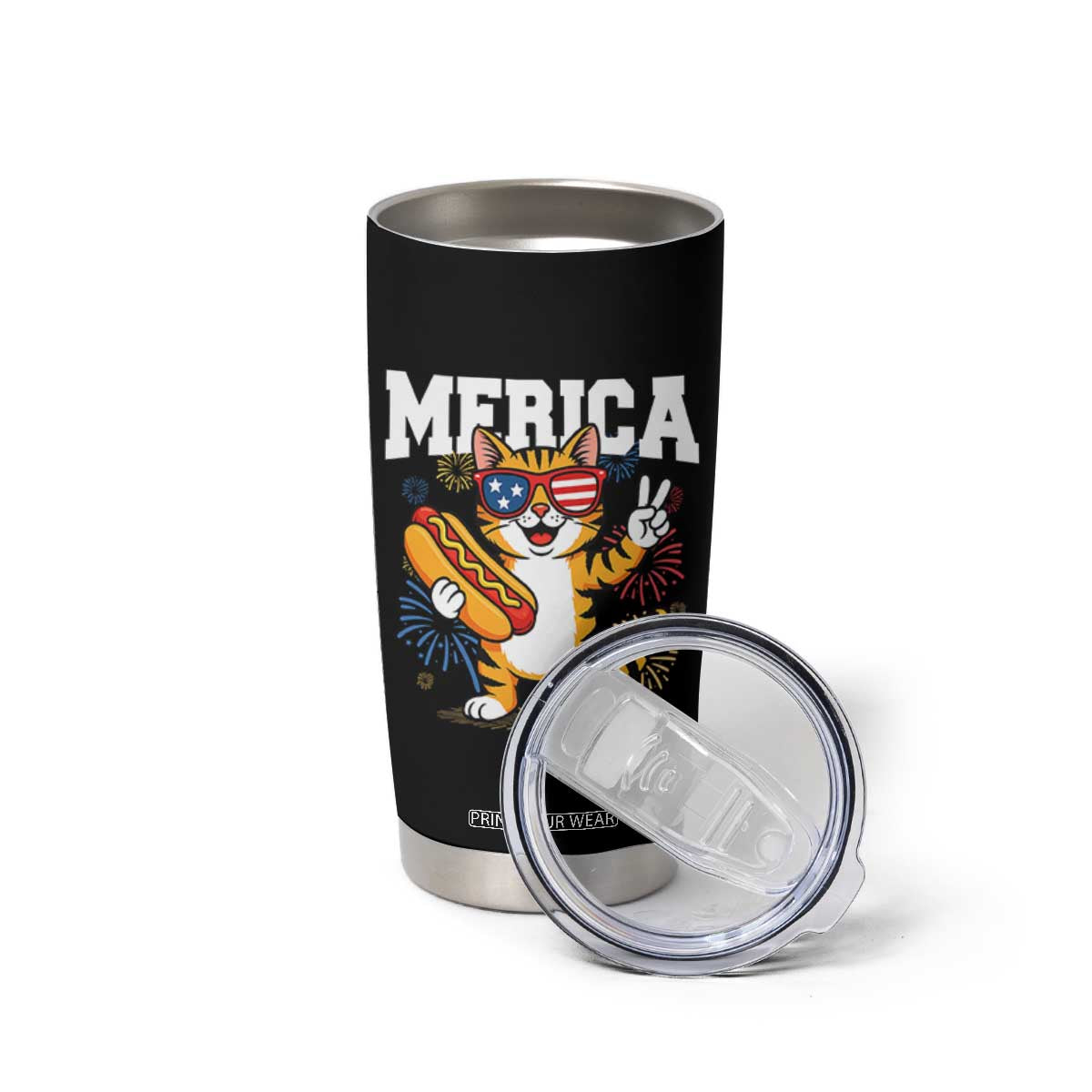 Merica Cat Tumbler Cup Funny 4th of July Hot Dog and Fireworks Patriotic USA Flag TS02 Print Your Wear