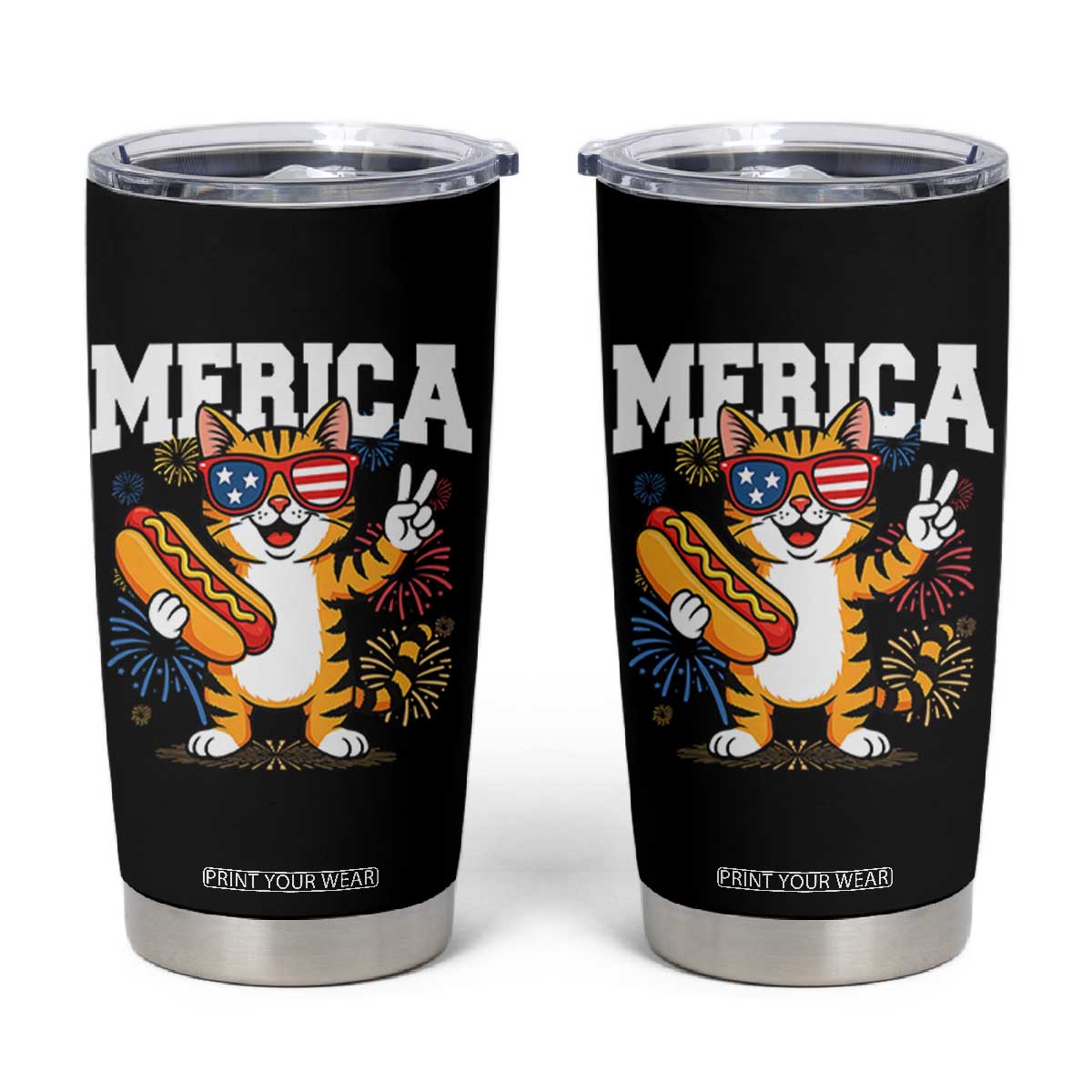 Merica Cat Tumbler Cup Funny 4th of July Hot Dog and Fireworks Patriotic USA Flag TS02 Black Print Your Wear