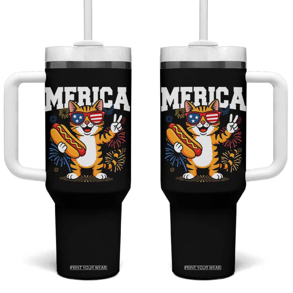 Merica Cat Tumbler With Handle Funny 4th of July Hot Dog and Fireworks Patriotic USA Flag TS02 One Size: 40 oz Black Print Your Wear