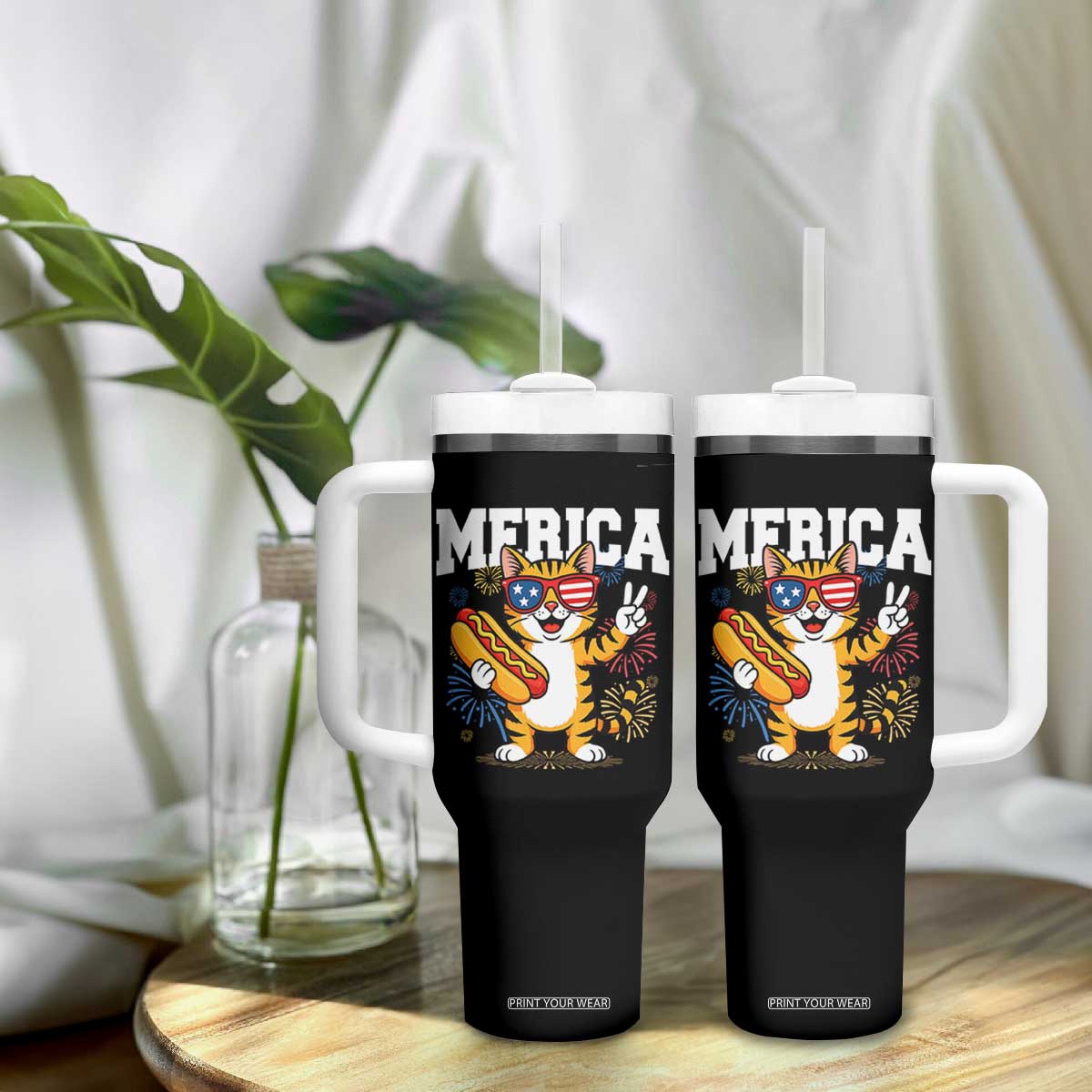 Merica Cat Tumbler With Handle Funny 4th of July Hot Dog and Fireworks Patriotic USA Flag TS02 Print Your Wear