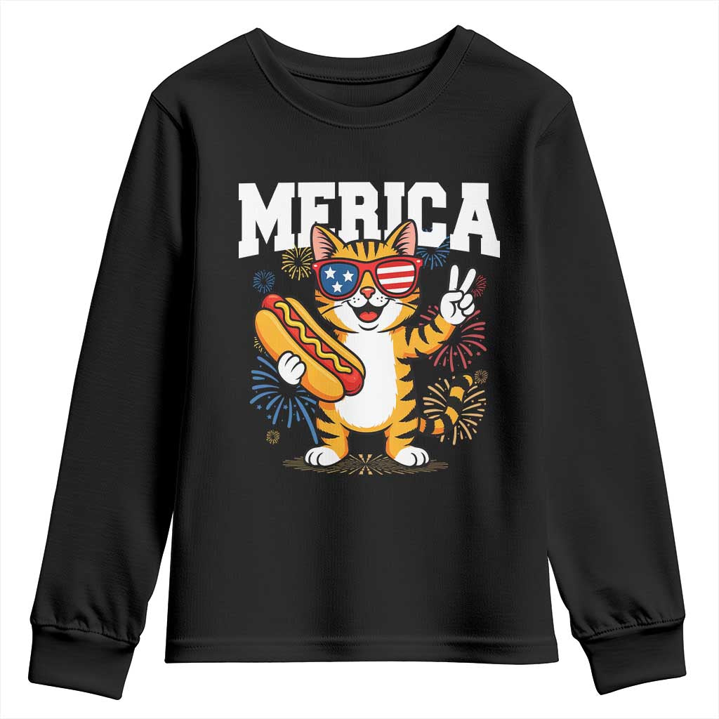 Merica Cat Youth Sweatshirt Funny 4th of July Hot Dog and Fireworks Patriotic USA Flag TS02 Black Print Your Wear