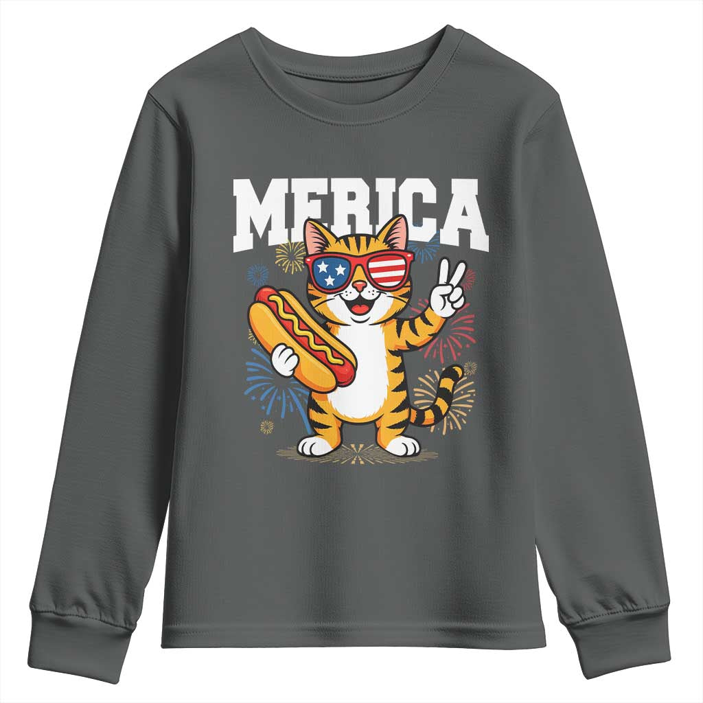 Merica Cat Youth Sweatshirt Funny 4th of July Hot Dog and Fireworks Patriotic USA Flag TS02 Dark Heather Print Your Wear