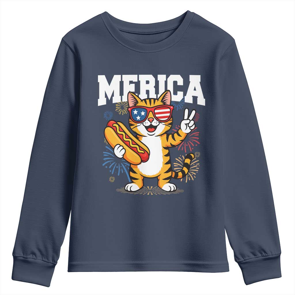 Merica Cat Youth Sweatshirt Funny 4th of July Hot Dog and Fireworks Patriotic USA Flag TS02 Navy Print Your Wear