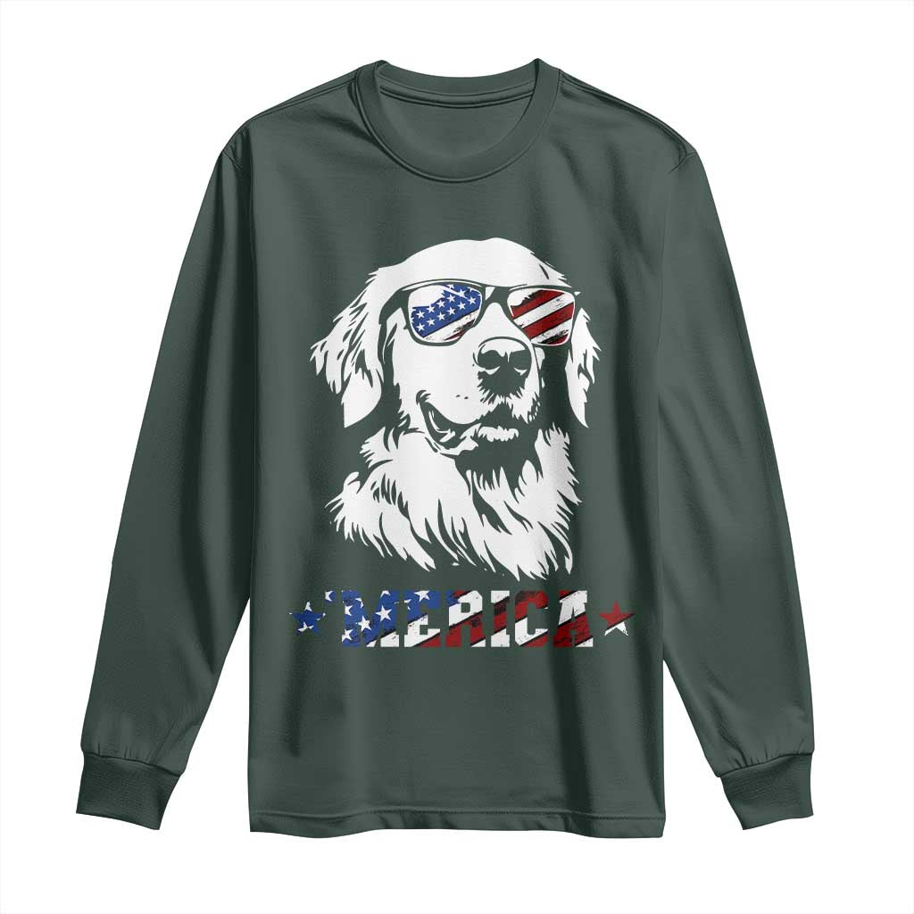 Merica Golden Retriever Long Sleeve Shirt 4th of July Dog Patriotic Dog Mom TS10 Dark Forest Green Print Your Wear