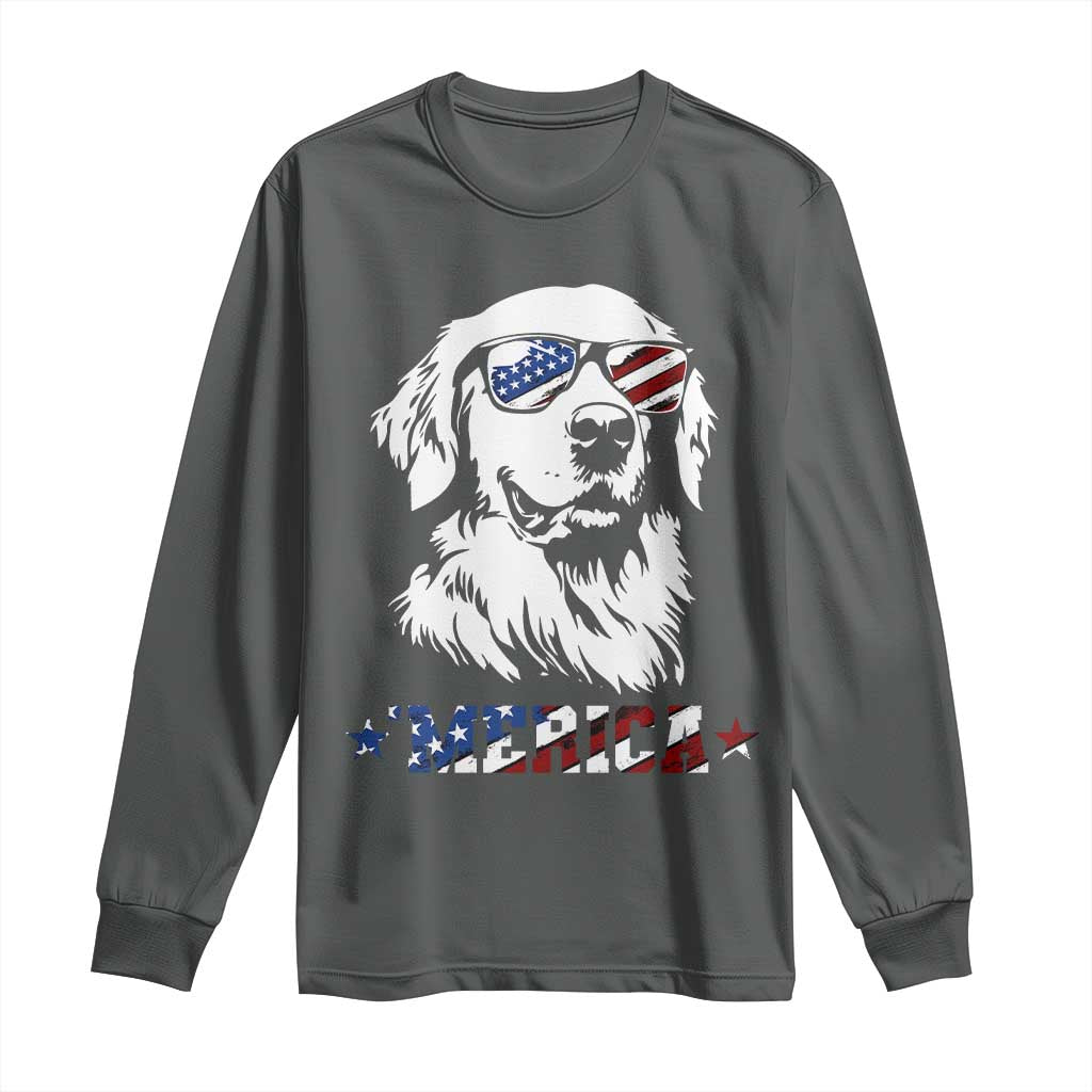 Merica Golden Retriever Long Sleeve Shirt 4th of July Dog Patriotic Dog Mom TS10 Dark Heather Print Your Wear