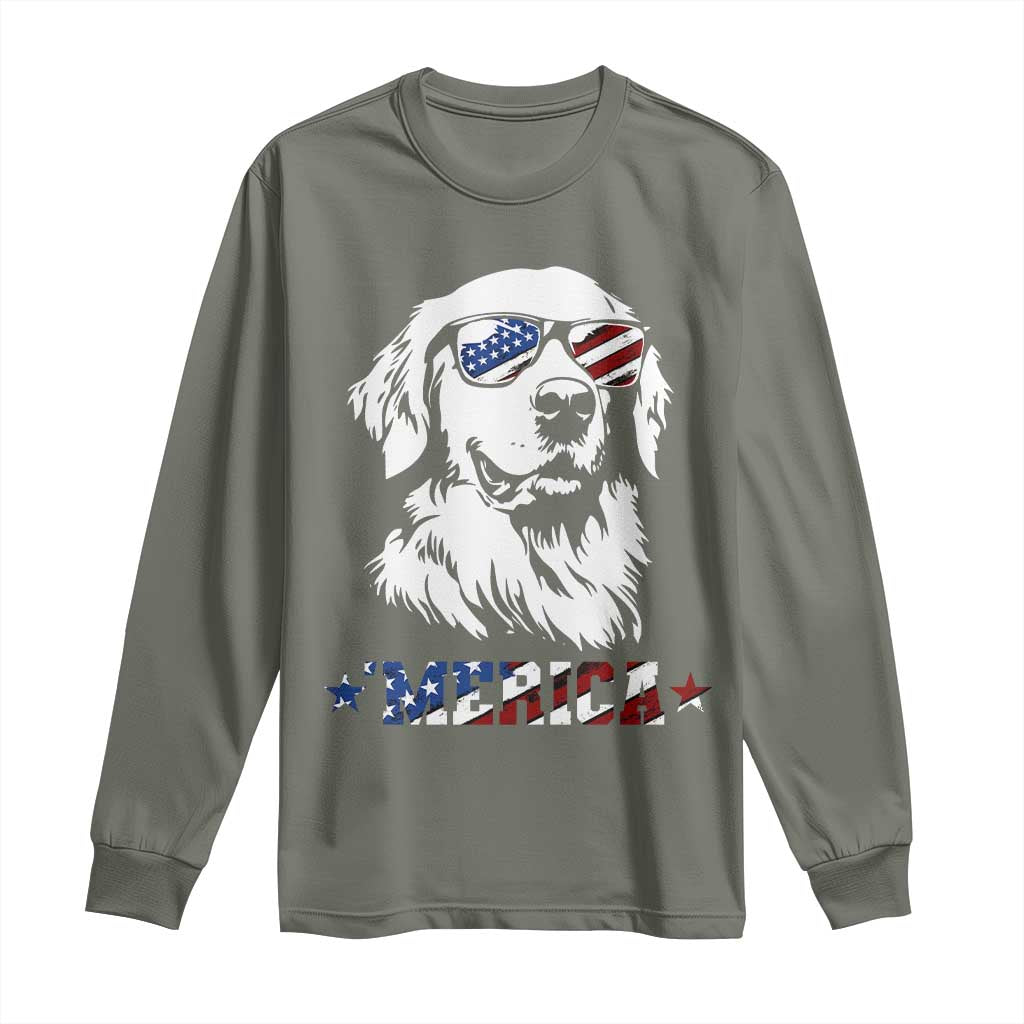 Merica Golden Retriever Long Sleeve Shirt 4th of July Dog Patriotic Dog Mom TS10 Military Green Print Your Wear
