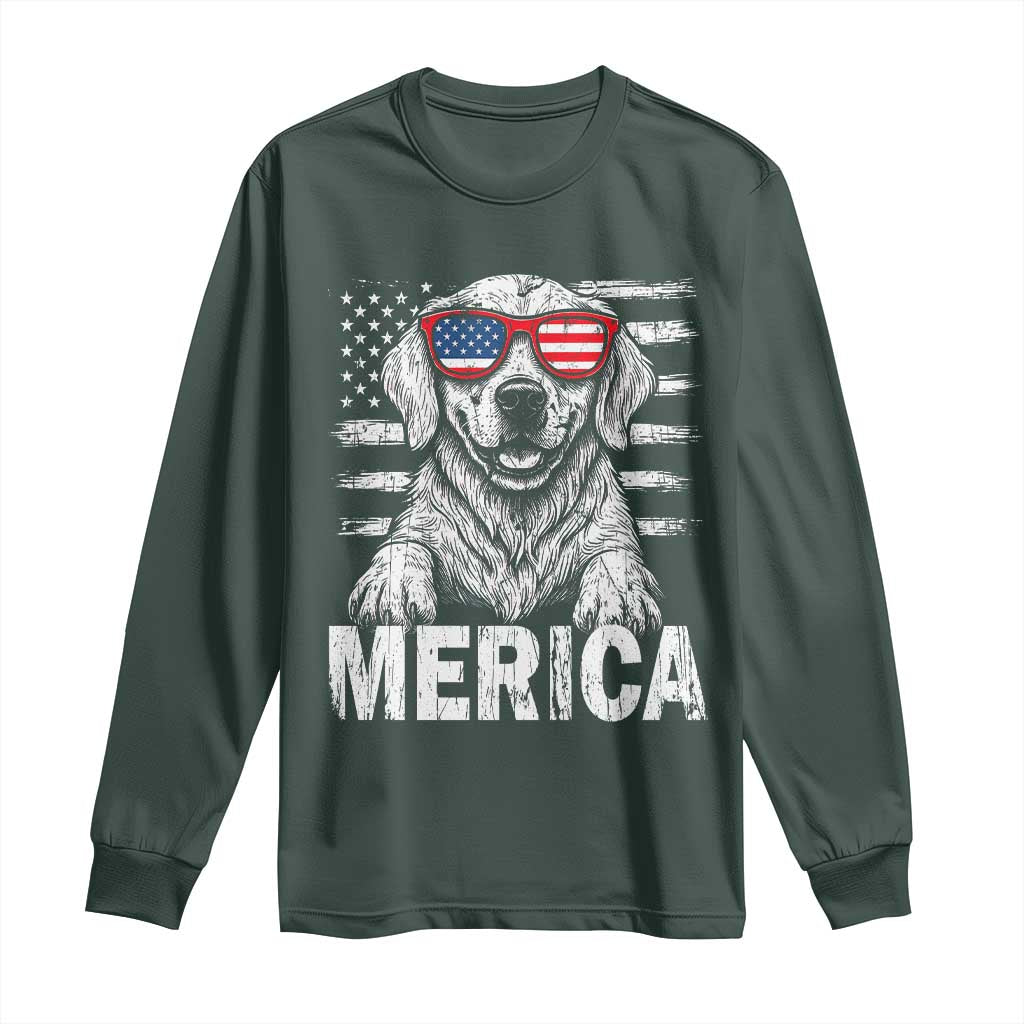Merica Golden Retriever Long Sleeve Shirt Patriotic Dog US Flag 4th Of July TS02 Dark Forest Green Print Your Wear