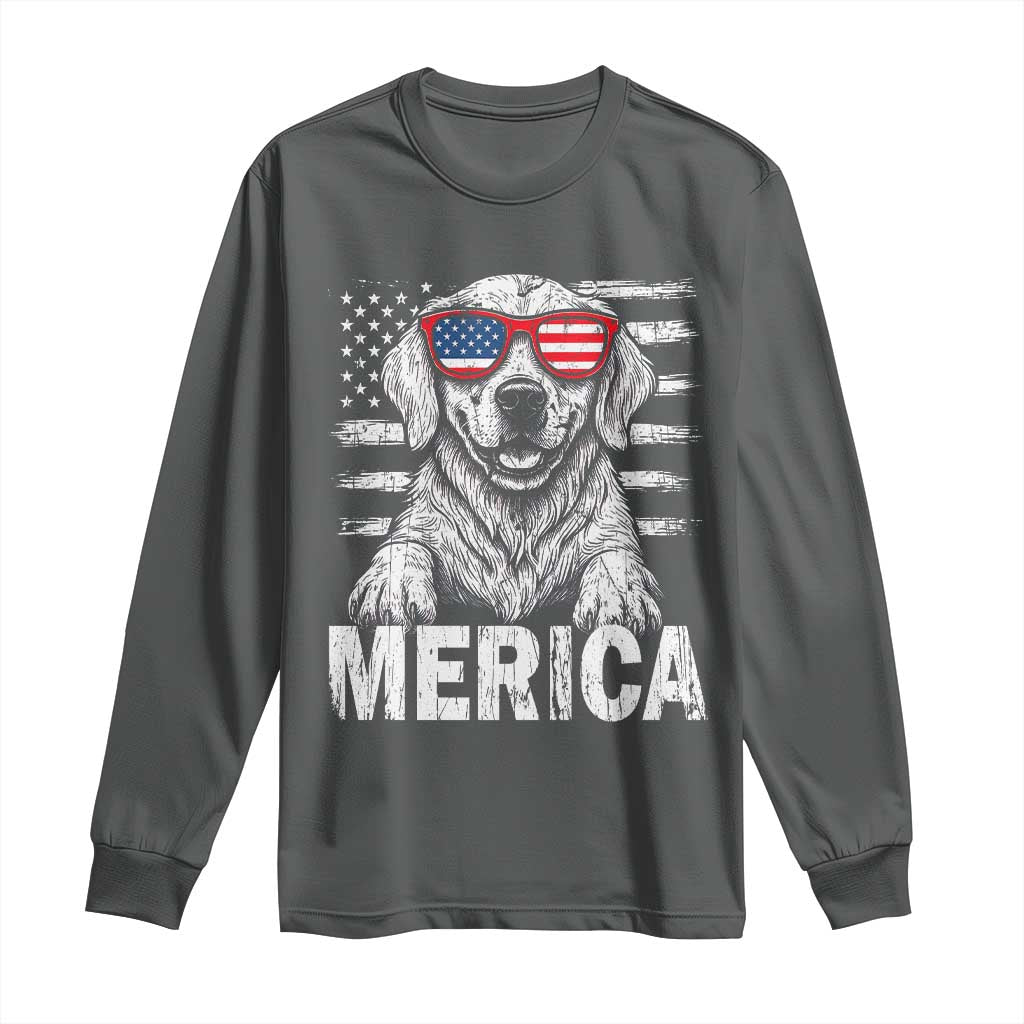 Merica Golden Retriever Long Sleeve Shirt Patriotic Dog US Flag 4th Of July TS02 Dark Heather Print Your Wear