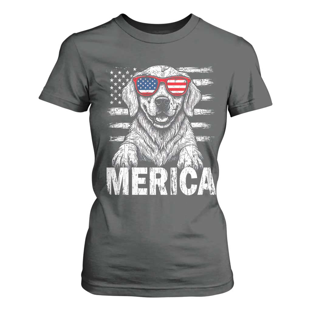 Merica Golden Retriever T Shirt For Women Patriotic Dog US Flag 4th Of July TS02 Dark Heather Print Your Wear