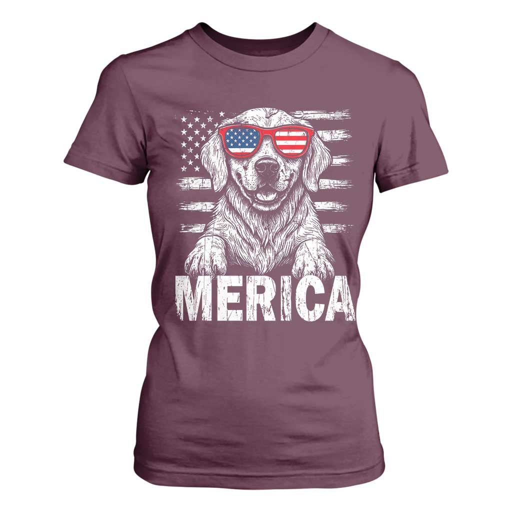 Merica Golden Retriever T Shirt For Women Patriotic Dog US Flag 4th Of July TS02 Maroon Print Your Wear