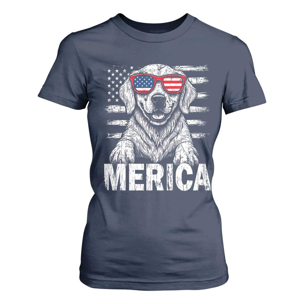 Merica Golden Retriever T Shirt For Women Patriotic Dog US Flag 4th Of July TS02 Navy Print Your Wear