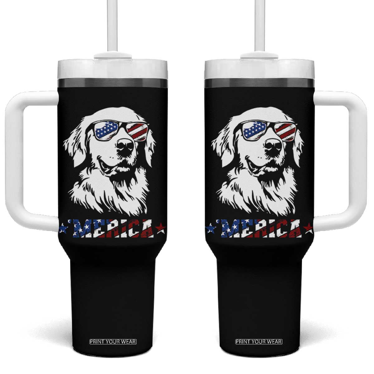 Merica Golden Retriever Tumbler With Handle 4th of July Dog Patriotic Dog Mom TS10 One Size: 40 oz Black Print Your Wear