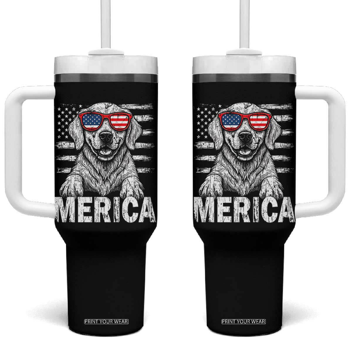 Merica Golden Retriever Tumbler With Handle Patriotic Dog US Flag 4th Of July TS02 One Size: 40 oz Black Print Your Wear