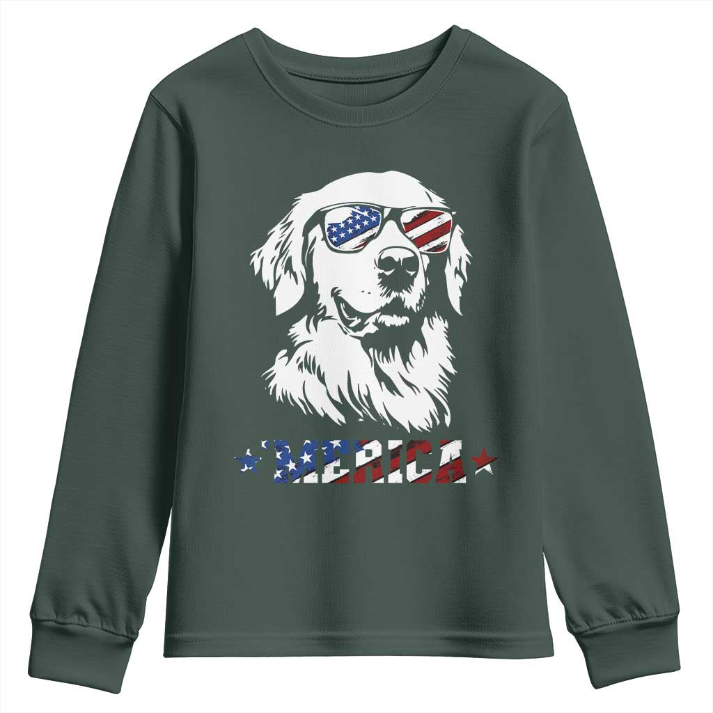 Merica Golden Retriever Youth Sweatshirt 4th of July Dog Patriotic Dog Mom TS10 Dark Forest Green Print Your Wear