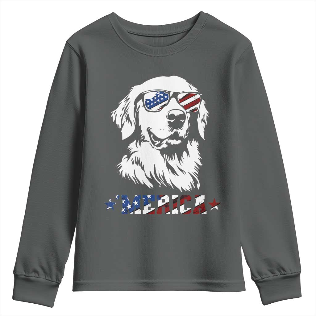Merica Golden Retriever Youth Sweatshirt 4th of July Dog Patriotic Dog Mom TS10 Dark Heather Print Your Wear