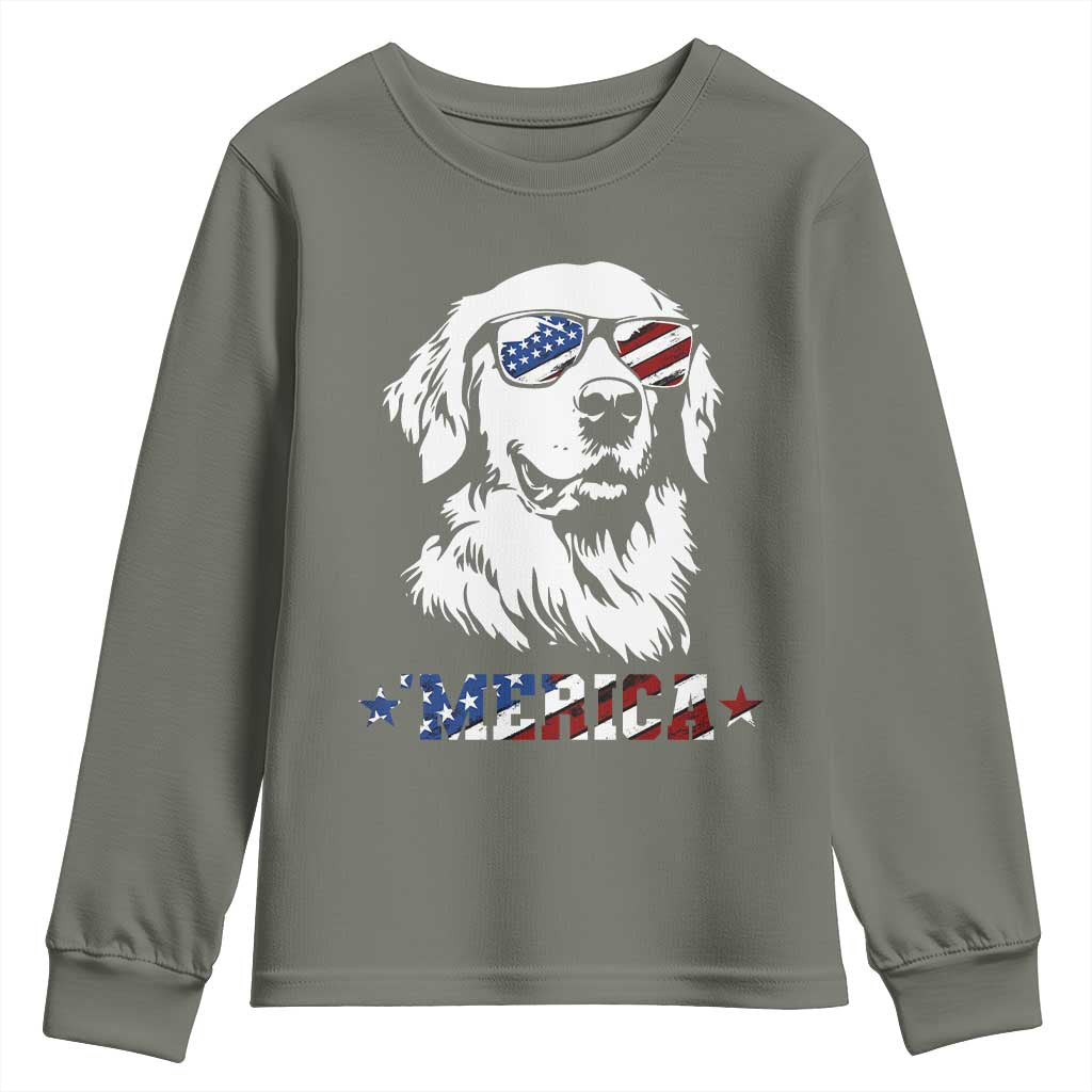 Merica Golden Retriever Youth Sweatshirt 4th of July Dog Patriotic Dog Mom TS10 Military Green Print Your Wear