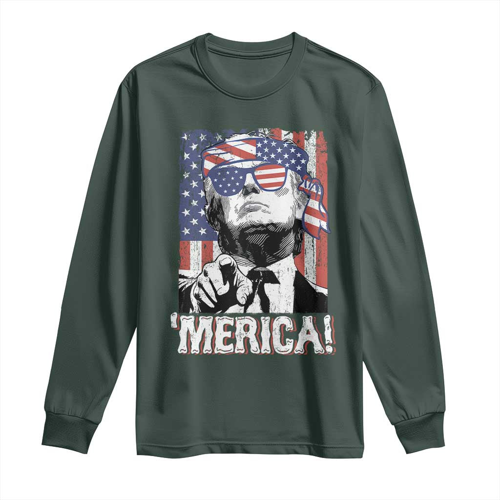 Merica Trump 4th Of July American Flag Long Sleeve Shirt TS11 Dark Forest Green Print Your Wear
