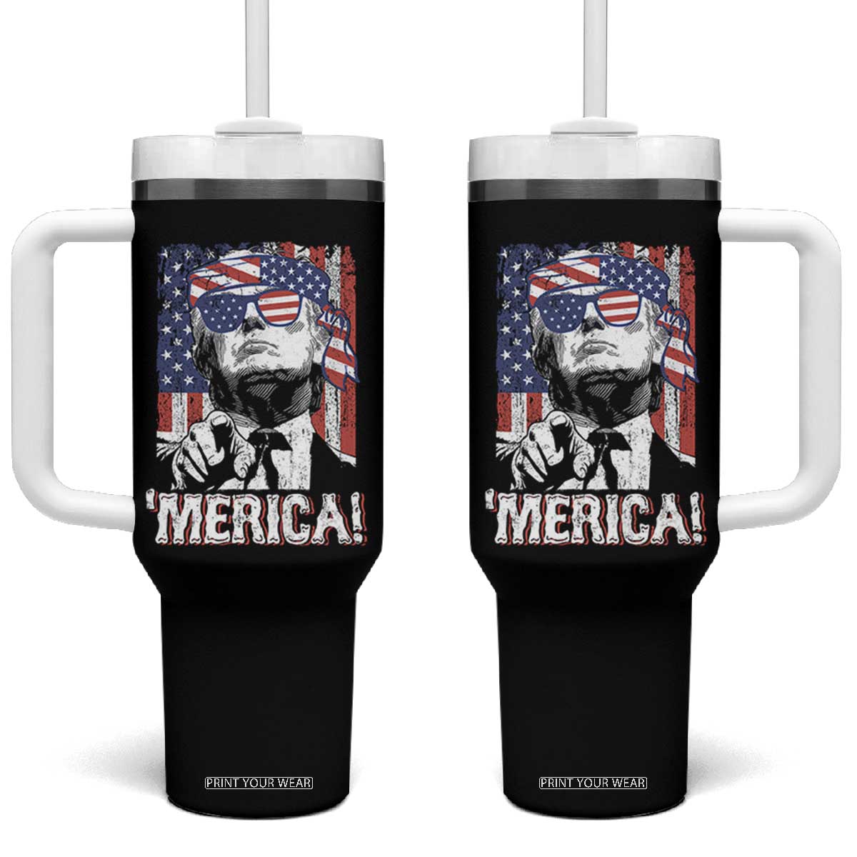 Merica Trump 4th Of July American Flag Tumbler With Handle TS11 One Size: 40 oz Black Print Your Wear