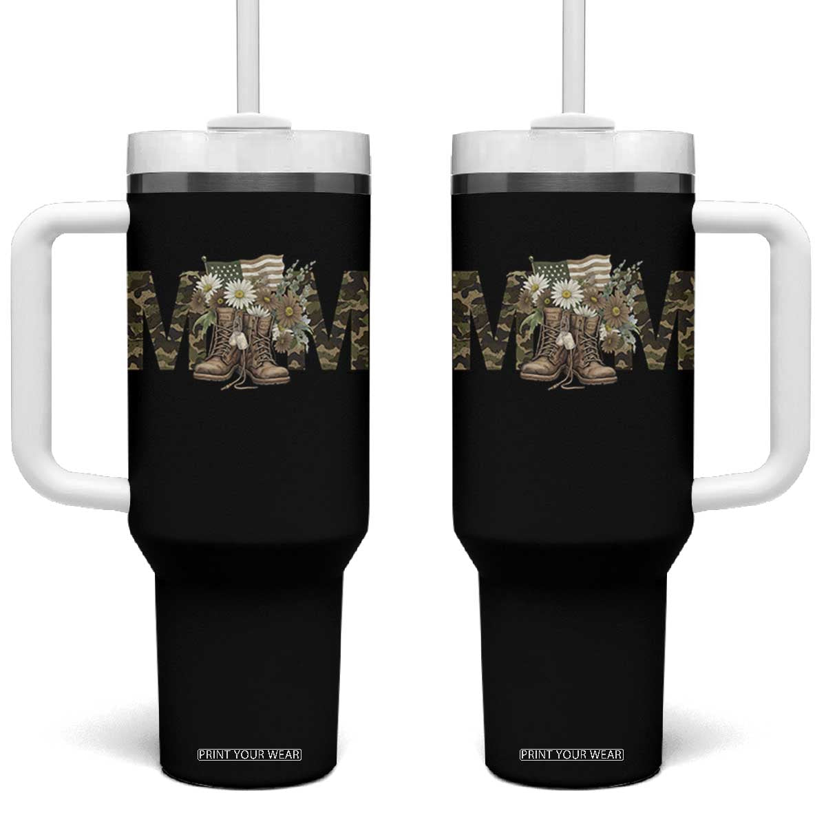 Military Army Mom Floral Combat Shoes Tumbler With Handle TS11 One Size: 40 oz Black Print Your Wear