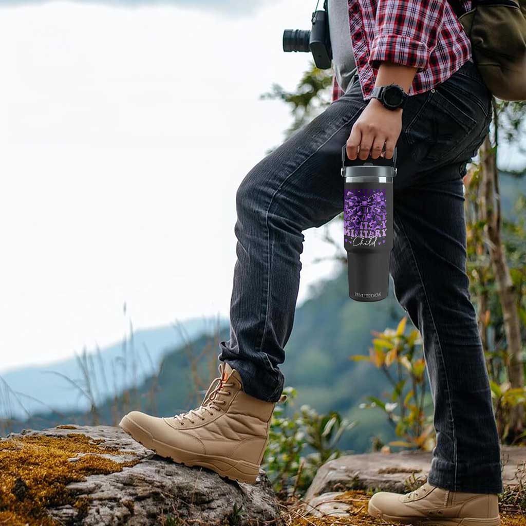Military Child Coquette Bow Flip Straw Tumbler Purple Up Camo Kids Girls TS10 Print Your Wear