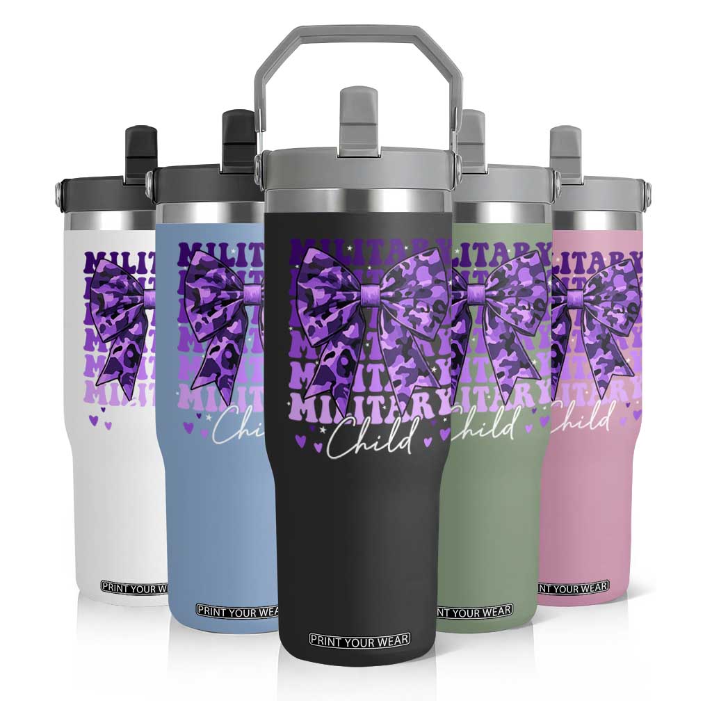 Military Child Coquette Bow Flip Straw Tumbler Purple Up Camo Kids Girls TS10 Print Your Wear
