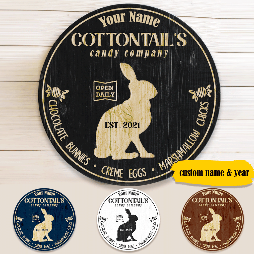 Easter Personalized Round Wood Sign Cottontails Candy Company Hanging Door Sign CTM Custom - Printyourwear