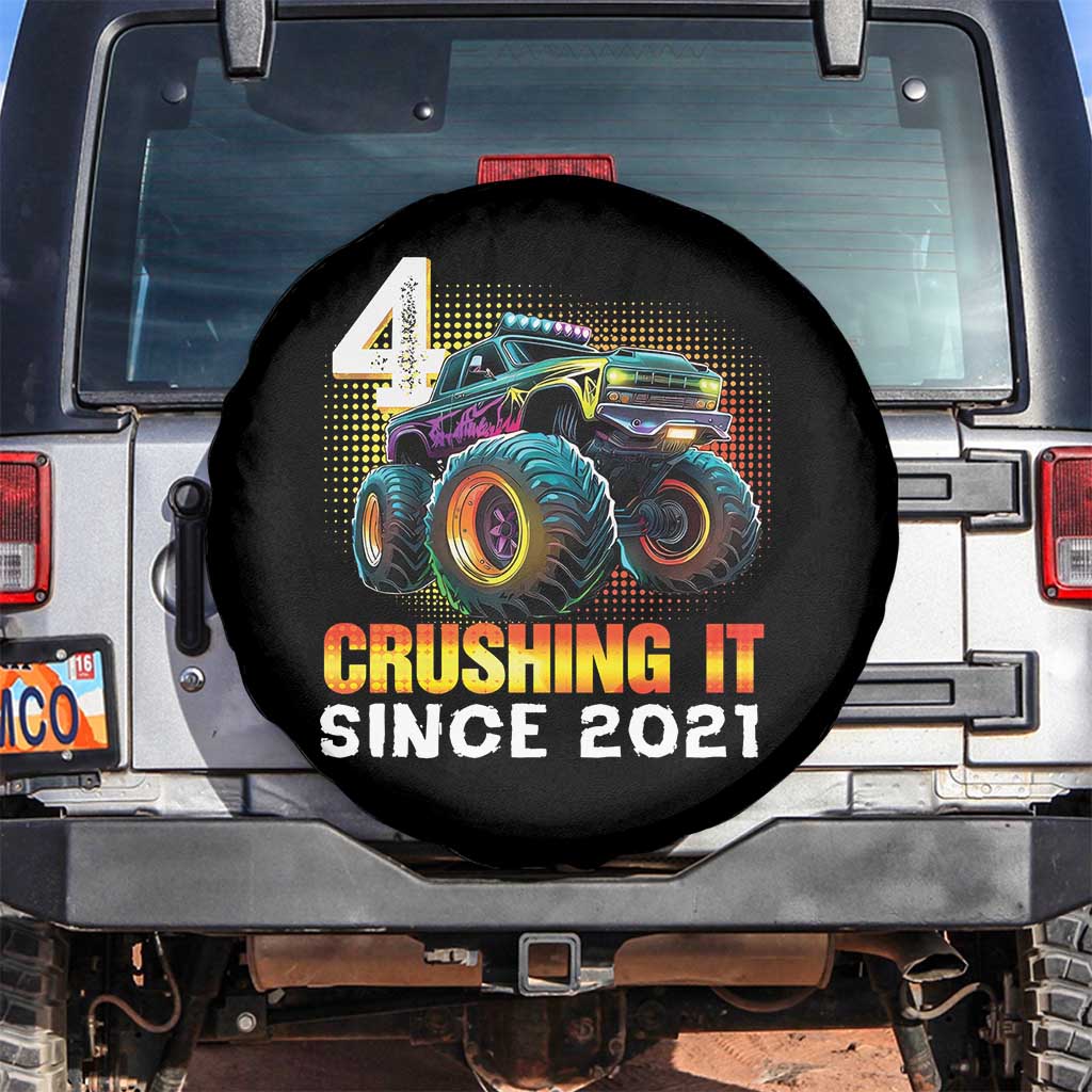 Monster Truck Birthday Spare Tire Cover Happy 4th Bday Party 4 Years Old Boy TS02 No hole Black Print Your Wear