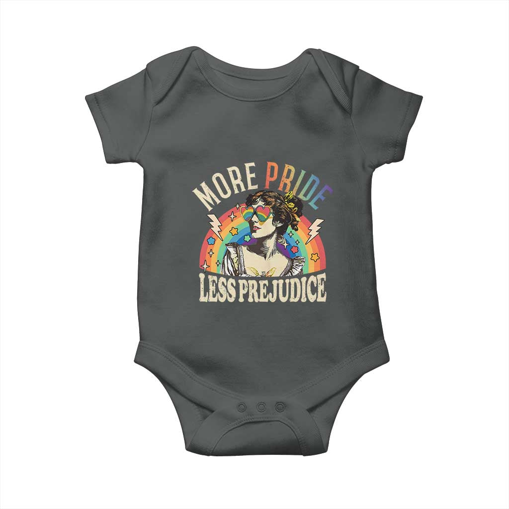 More Pride Less Prejudice Baby Onesie Pride Month LGBTQ Rainbow TS11 Dark Heather Print Your Wear