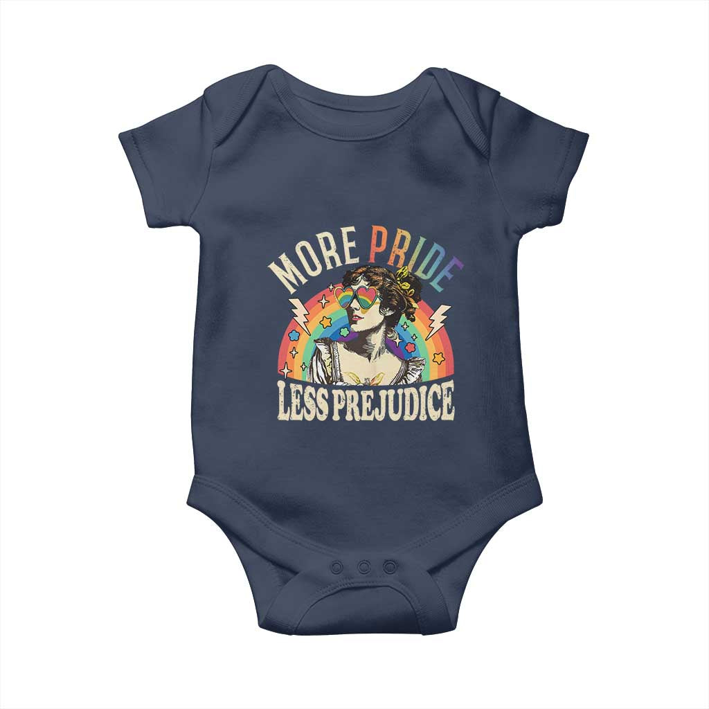 More Pride Less Prejudice Baby Onesie Pride Month LGBTQ Rainbow TS11 Navy Print Your Wear