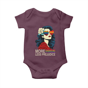 More Pride Less Prejudice Baby Onesie Retro Pride Month LGBTQ Feminist TS02 Maroon Print Your Wear