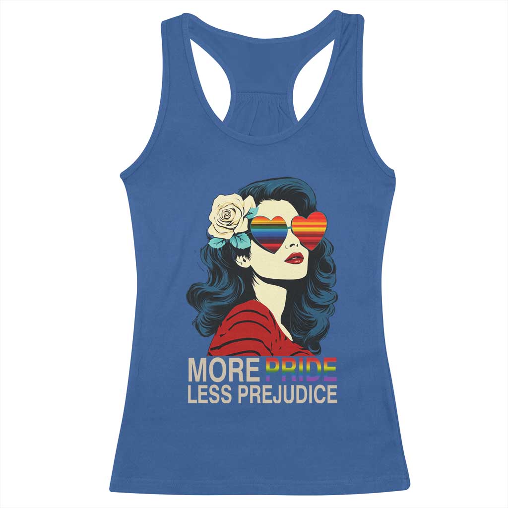 More Pride Less Prejudice Racerback Tank Top Retro Pride Month LGBTQ Feminist TS02 Royal Blue Print Your Wear