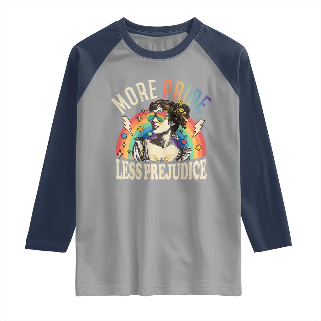 More Pride Less Prejudice Raglan Shirt Pride Month LGBTQ Rainbow TS11 Sport Gray Navy Print Your Wear
