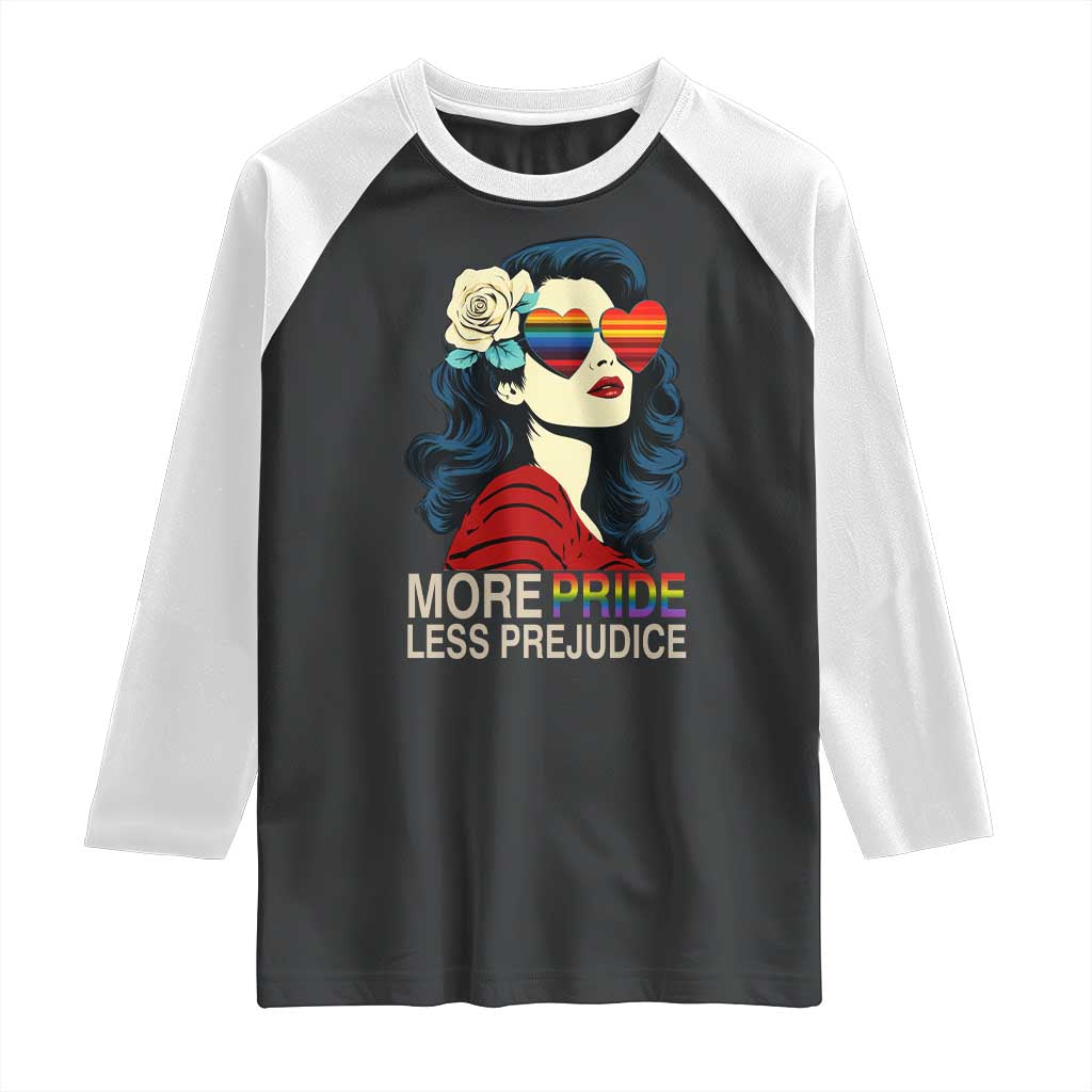 More Pride Less Prejudice Raglan Shirt Retro Pride Month LGBTQ Feminist TS02 Black White Print Your Wear