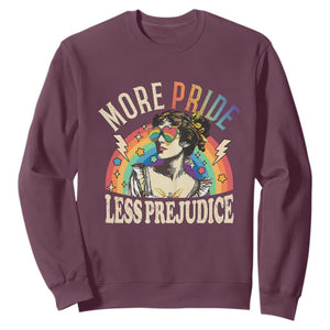 More Pride Less Prejudice Sweatshirt Pride Month LGBTQ Rainbow TS11 Maroon Print Your Wear