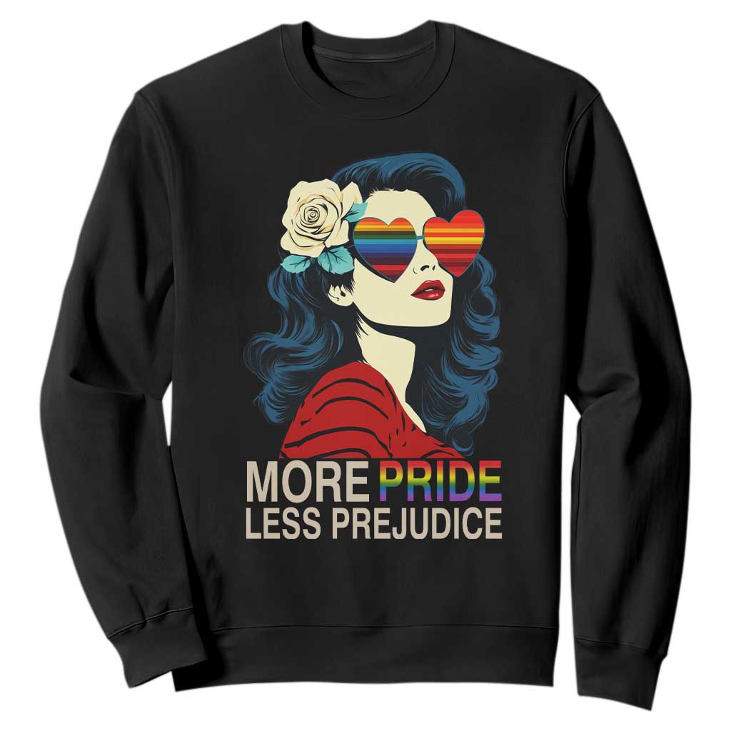 More Pride Less Prejudice Sweatshirt Retro Pride Month LGBTQ Feminist TS02 Black Print Your Wear