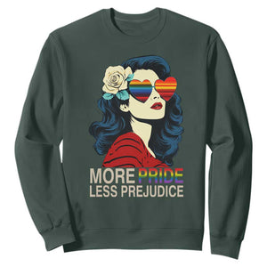 More Pride Less Prejudice Sweatshirt Retro Pride Month LGBTQ Feminist TS02 Dark Forest Green Print Your Wear