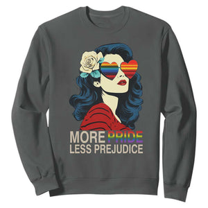 More Pride Less Prejudice Sweatshirt Retro Pride Month LGBTQ Feminist TS02 Dark Heather Print Your Wear
