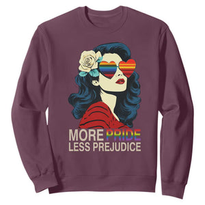More Pride Less Prejudice Sweatshirt Retro Pride Month LGBTQ Feminist TS02 Maroon Print Your Wear