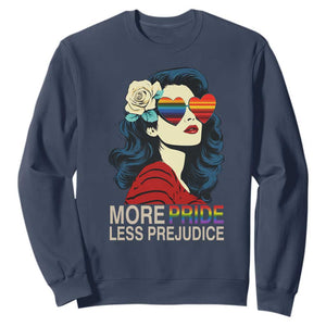 More Pride Less Prejudice Sweatshirt Retro Pride Month LGBTQ Feminist TS02 Navy Print Your Wear