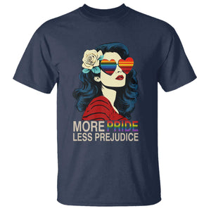 More Pride Less Prejudice T Shirt Retro Pride Month LGBTQ Feminist TS02 Navy Print Your Wear
