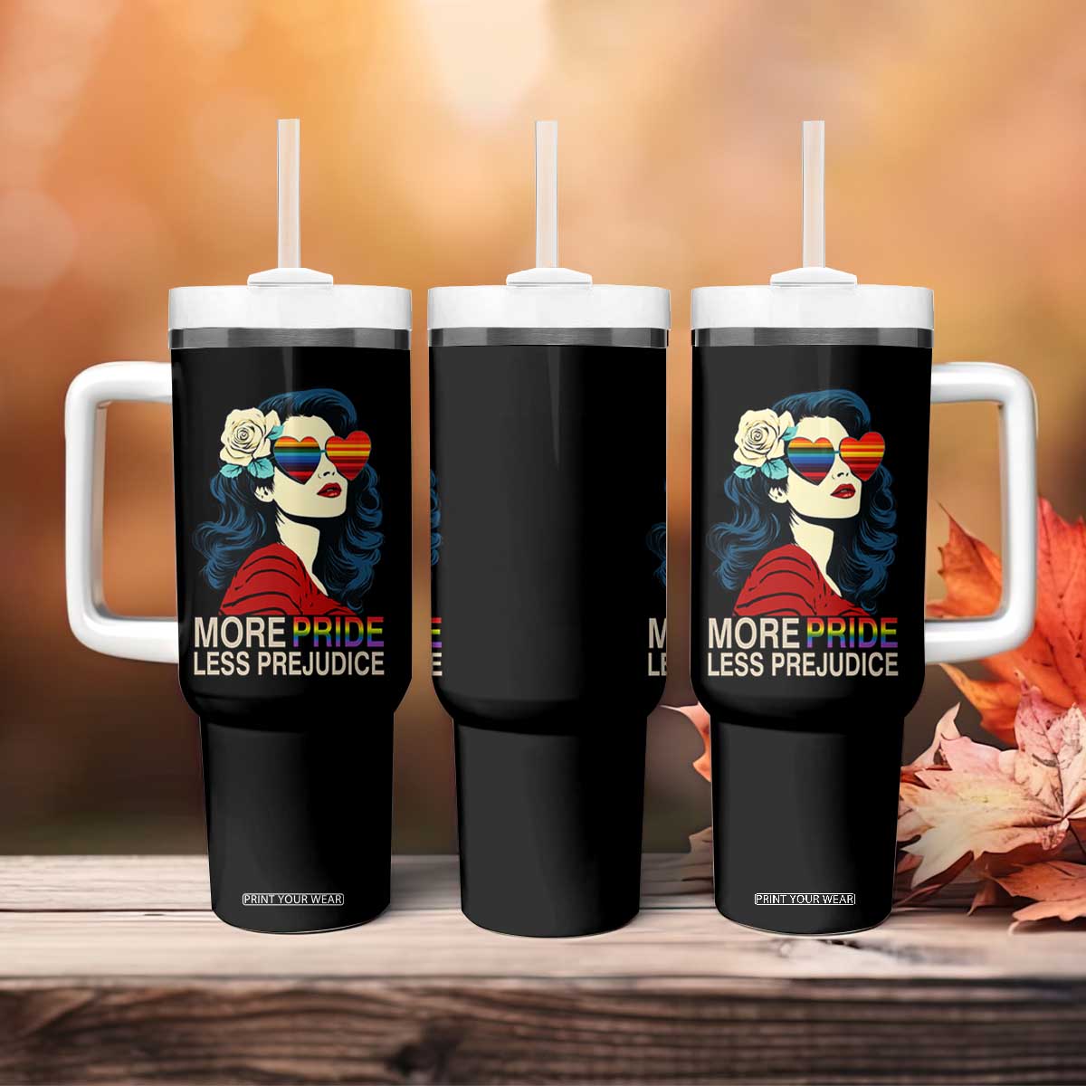 More Pride Less Prejudice Tumbler With Handle Retro Pride Month LGBTQ Feminist TS02 Print Your Wear
