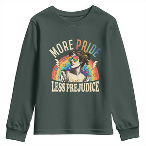 More Pride Less Prejudice Youth Sweatshirt Pride Month LGBTQ Rainbow TS11 Dark Forest Green Print Your Wear
