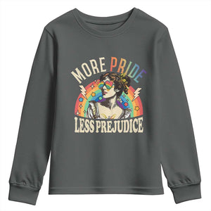 More Pride Less Prejudice Youth Sweatshirt Pride Month LGBTQ Rainbow TS11 Dark Heather Print Your Wear