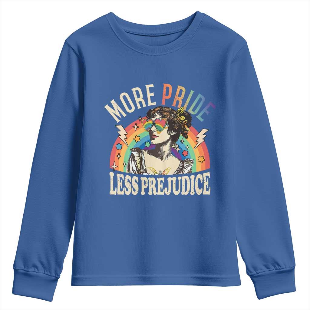 More Pride Less Prejudice Youth Sweatshirt Pride Month LGBTQ Rainbow TS11 Royal Blue Print Your Wear