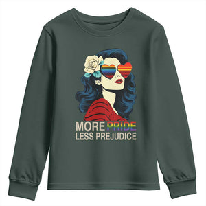 More Pride Less Prejudice Youth Sweatshirt Retro Pride Month LGBTQ Feminist TS02 Dark Forest Green Print Your Wear