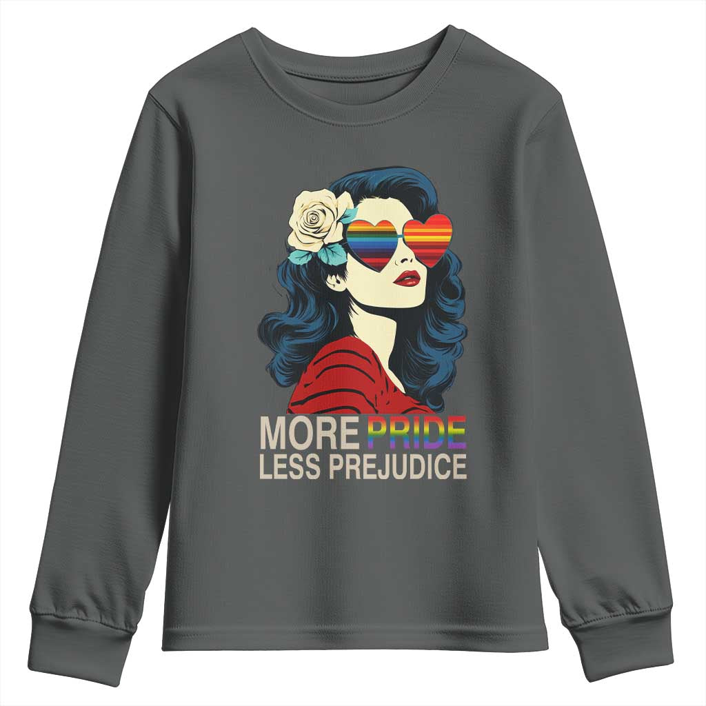 More Pride Less Prejudice Youth Sweatshirt Retro Pride Month LGBTQ Feminist TS02 Dark Heather Print Your Wear