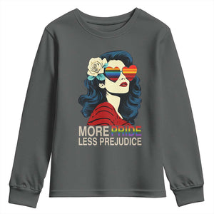 More Pride Less Prejudice Youth Sweatshirt Retro Pride Month LGBTQ Feminist TS02 Dark Heather Print Your Wear