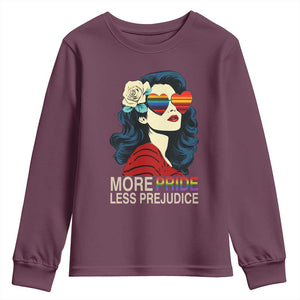 More Pride Less Prejudice Youth Sweatshirt Retro Pride Month LGBTQ Feminist TS02 Maroon Print Your Wear