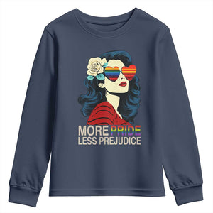 More Pride Less Prejudice Youth Sweatshirt Retro Pride Month LGBTQ Feminist TS02 Navy Print Your Wear