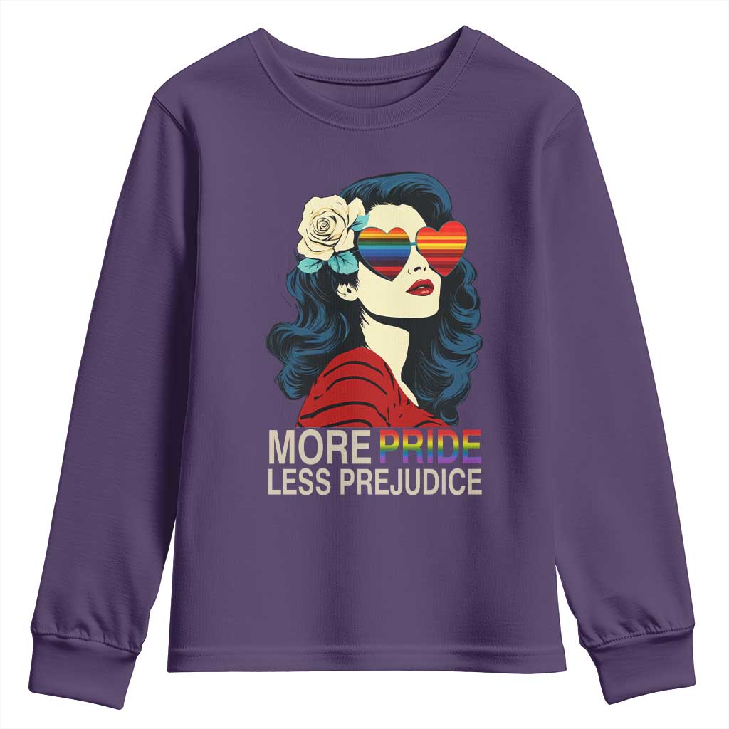 More Pride Less Prejudice Youth Sweatshirt Retro Pride Month LGBTQ Feminist TS02 Purple Print Your Wear